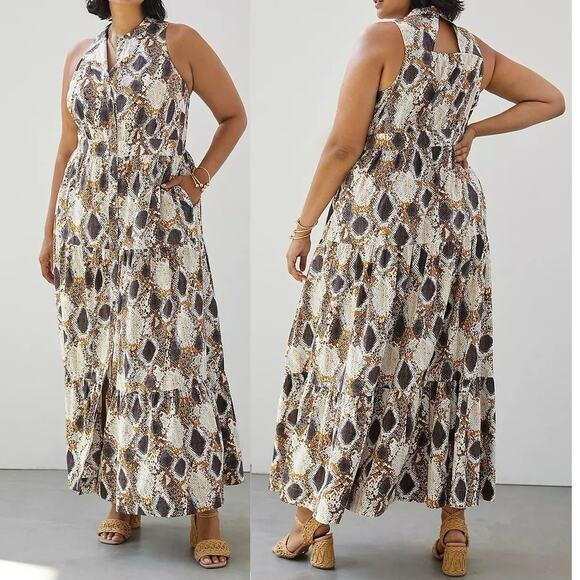NWT Anthropologie Maeve Snake Print Maxi Dress Size 12 Brown Tan Button Front - Picture 1 of 15